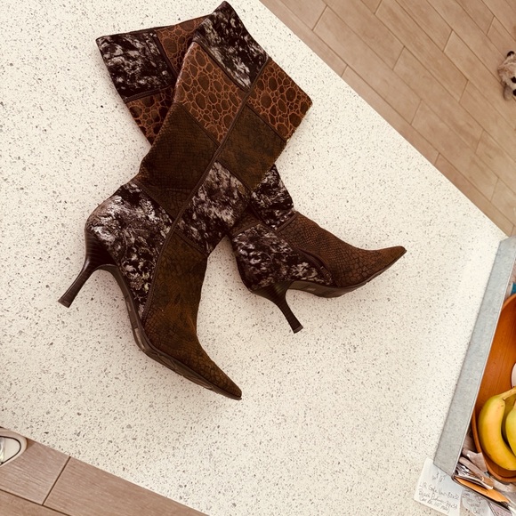 Pierre Dumas Brown and Black Patchwork Heeled Boots - Picture 7 of 8
